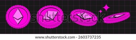 Vector set of  Ethereum Coins in different view in flat style. Illustration 90s of currency in Retro y2k style. Applicable for gambling games, jackpot, bank, financial illustration or banners. pink