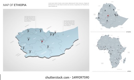 Vector set of Ethiopia country.  Isometric 3d map, Ethiopia map, Africa map - with region, state names and city names. 