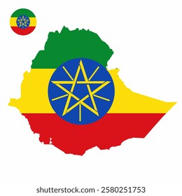 Vector set of Ethiopia high detailed map flag and national flag round badge isolated on white background.