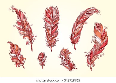 Vector Set of Ethnic feather. Hand Drawn Tribal Feathers. Decorative feathers. Vintage red Feather.