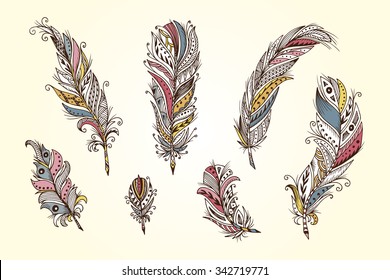 Vector Set of Ethnic feather. Hand Drawn Tribal Feathers. Decorative feathers. Vintage colored Feather.