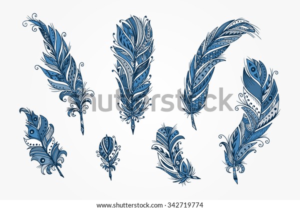 Vector Set Ethnic Feather Hand Drawn Stock Vector Royalty Free