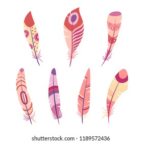 Vector set of ethnic feathers in cute colors. Funny decoration items for cards, website design, logo, birthday, Valentine’s Day and other holidays and event invitations; notebooks, copybooks covers
