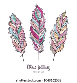Vector set of ethnic feathers. Decorative colorful feather. Tribal design.