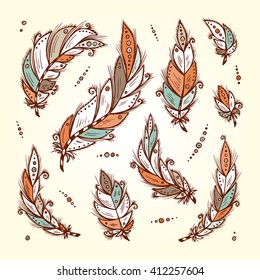 Vector Set of Ethnic feathers. Hand Drawn Tribal Feather. Decorative feathers. Vintage Bird colored Feathers