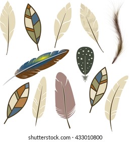 Vector Set of Ethnic feathers. Hand Drawn Tribal Feathers. Decorative zentangle feathers. Vintage colored Feathers.