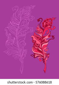 Vector Set of Ethnic feathers. Hand Drawn feathers. Decorative zentangle feathers. Vintage colored Feather.