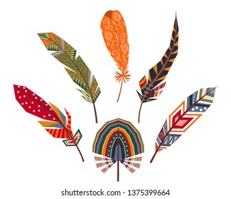 Vector set of ethnic feathers. Hand-drawn decorative feathers.
