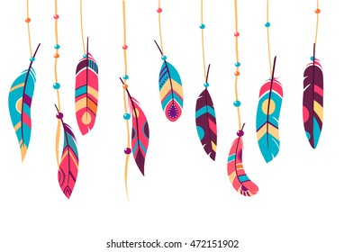 Vector Set of Ethnic feathers, Tribal. bright background, illustration , dark and light feathers, boho design