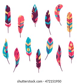 Vector Set of Ethnic feathers, Tribal. bright background, illustration , dark and light feathers, boho design