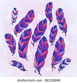 Vector Set of Ethnic feathers. Vintage tribal feathers.  Can be used for cards, invitations, fabrics, wallpapers, ornamental template for design and decoration.