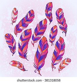 Vector Set of Ethnic feathers. Vintage tribal feathers.  Can be used for cards, invitations, fabrics, wallpapers, ornamental template for design and decoration.