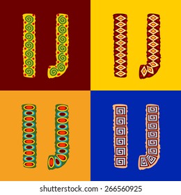 Conjunto de vectores de tipo étnico con ornamento africano. Estilos opcionales diferentes. Cartas I J