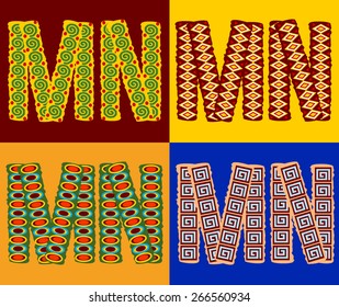 Vector set of ethnic font with african ornament. Optional different styles. Letters M N