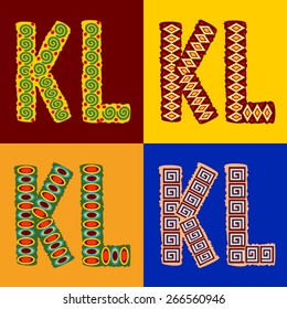 Vector set of ethnic font with african ornament. Optional different styles. Letters K L