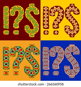 Vector set of ethnic font with african ornament. Optional different styles. Symbols