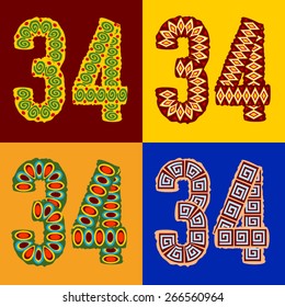 Vector set of ethnic font with african ornament. Optional different styles. Numbers 3 4