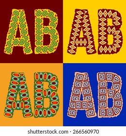 Conjunto de vectores de tipo étnico con ornamento africano. Estilos opcionales diferentes. Cartas A B