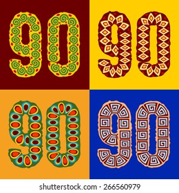 Vektorset mit ethnischer Schrift mit afrikanischem Ornament. Optionale unterschiedliche Stile. Nummern 9 0