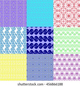  Vector set of ethnic Greek geometric and floral patterns. Seamless collection . Greek meander ornamental style. 