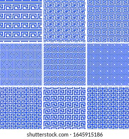 Vector set of ethnic greek seamless tiled patterns in blue and white. Traditional hellenic, roman geometric repeating ornament. For the design of wallpaper, print on paper, textiles, wrappers, bedding
