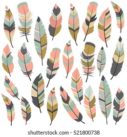 Vector Set of Ethnic Hand Drawn Tribal Feathers. 