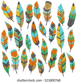 Vector Set of Ethnic Hand Drawn Tribal Feathers. 