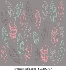 Vector Set of Ethnic Hand Drawn Tribal Feathers. 