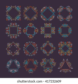 Vector set of ethnic logo frames.  Monogramms and emblems design in trendy liner style isolated on background. Floral and nature motifs.