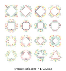 Vector set of ethnic logo frames.  Monogramms and emblems design in trendy liner style isolated on background. Floral and nature motifs.