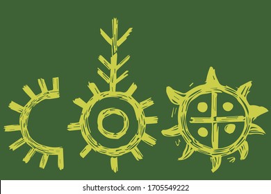 conjunto vectorial de símbolos paganos chamánicos étnicos de sol y luna en vintage estilo antiguo de sepultura verde
