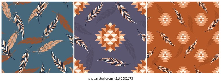 Vector set of ethnic tribal geometric patterns with feathers. Seamless collection. Aztec boho ornamental style. Native american indian ornaments