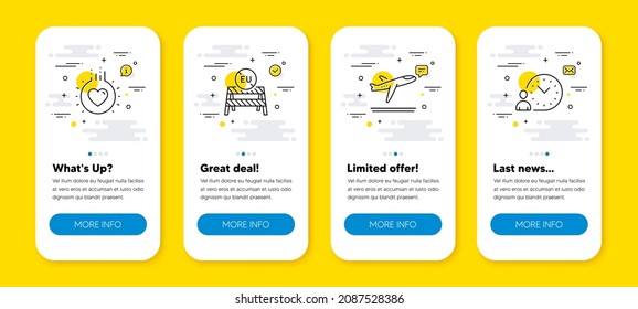 Vector Set Of Eu Close Borders, Love And Departure Plane Line Icons Set. UI Phone App Screens With Line Icons. Time Management Icon. Coronavirus Restrictions, Heart, Airport Transport. Vector