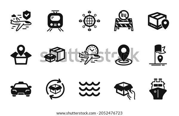Vector set of Eu close\
borders, Flight insurance and Parcel tracking icons simple set.\
Packing boxes, Return parcel and Location icons. Taxi, Hold box and\
Waves signs. Vector