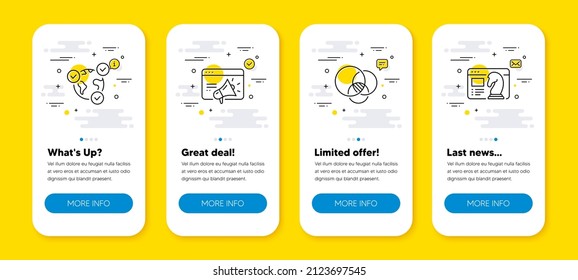 Vector set of Euler diagram, Online voting and Seo marketing line icons set. UI phone app screens with line icons. Seo strategy icon. Relationships chart, Internet poll, Megaphone. Vector