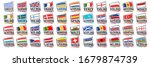 Vector set of European Countries Flags, 44 decorative isolated labels with national state flags and brush font for different words on white background, tourist stickers for european independence day.