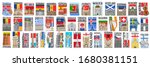 Vector set of European Countries with flags and symbols, 43 isolated vertical labels with national state flags and brush font for different words, art design stickers for european independence day.