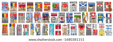 Vector set of European Countries with flags and symbols, 43 isolated vertical labels with national state flags and brush font for different words, art design stickers for european independence day.