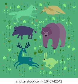 Vector set of european forest animals flat cartoon style ethnic foorest wolf boar deer woodcock bear rabbit bunny