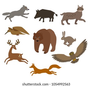 Vector set of european forest animals flat cartoon style e hand drawn foorest wolf boar deer woodcock bear rabbit bunny owl lynx fox