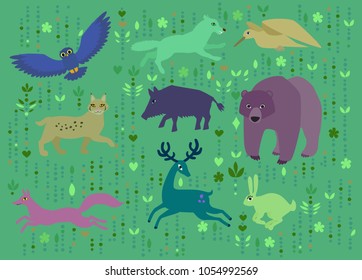 Vector set of european forest animals flat cartoon style ethnic hand drawn foorest wolf boar deer woodcock bear rabbit bunny owl lynx fox 