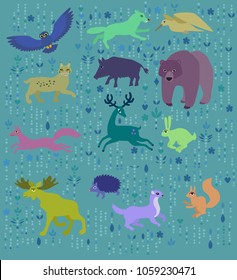 Vector set of european forest animals flat cartoon style e hand drawn foorest wolf boar deer woodcock bear rabbit bunny owl lynx fox moose hedgehog squirrel weasel cute animals