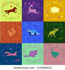 Vector set of european forest animals flat cartoon style hand drawn forest wolf deer badger beaver rabbit bunny fox moose hedgehog squirrel cute animals flat style forest animal beasts mammal animal