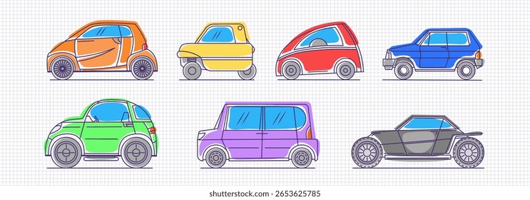 Vector set of european toon simple hand drawn colored mini cars. Outline simple subcompacts. Small toy city transport. Childish doodles. Collection of cartoon automobiles