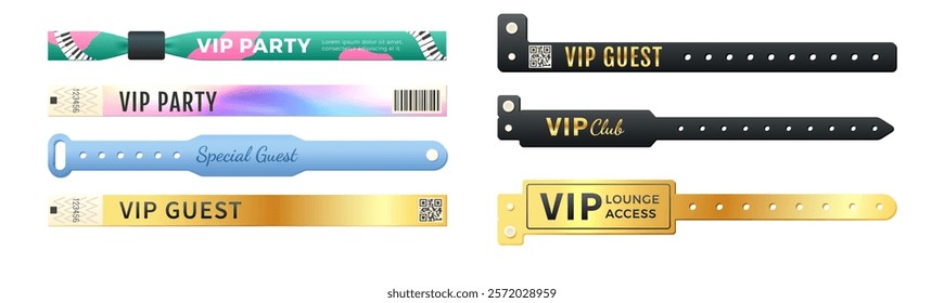 Vector set of event and festival ticket wristbands. Black, gold, holographic, and colored with VIP inscription. Suitable for festivals, concerts or hospital branding. Isolated background.