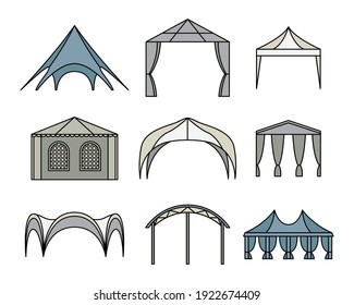 Vector set of event tent illustrations. Line art.