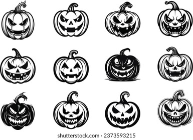 Vector set of evil face pumpkin Happy halloween day on white background 