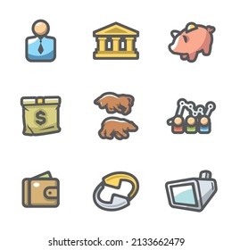 Vector Set of Exchange Icons. Broker, Bank, Piggy, Money, Bull and Bear, Quotes, Purse, Monitor.
