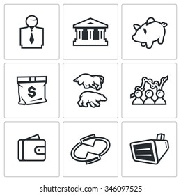 Vector Set of Exchange Icons. Broker, Bank, Piggy, Money, Bull and Bear, Quotes, Purse, Monitor. Man, Building, Accumulate, Bag, Exchange, Schedule, Finance, Rotating, Equipment. 