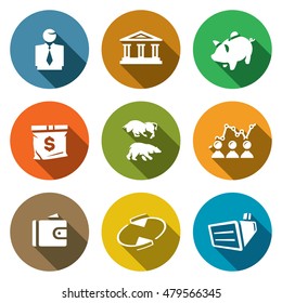 Vector Set of Exchange Icons. Broker, Bank, Piggy, Money, Bull and Bear, Quotes, Purse, Monitor.